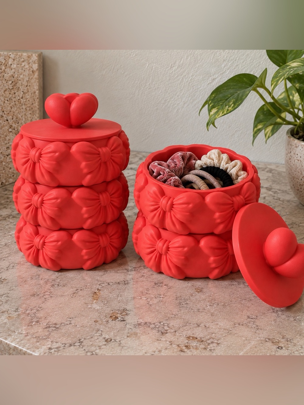 Pink Bow Stackable Storage Set w/ Heart Lids | 6 Piece Artist Made